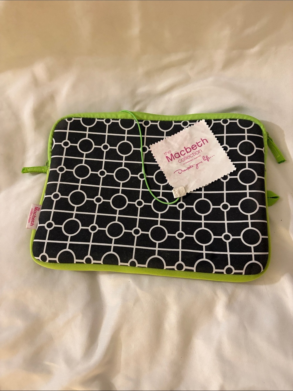 The Macbeth Collection Black & White Geometric Laptop Sleeve with Lime Trim